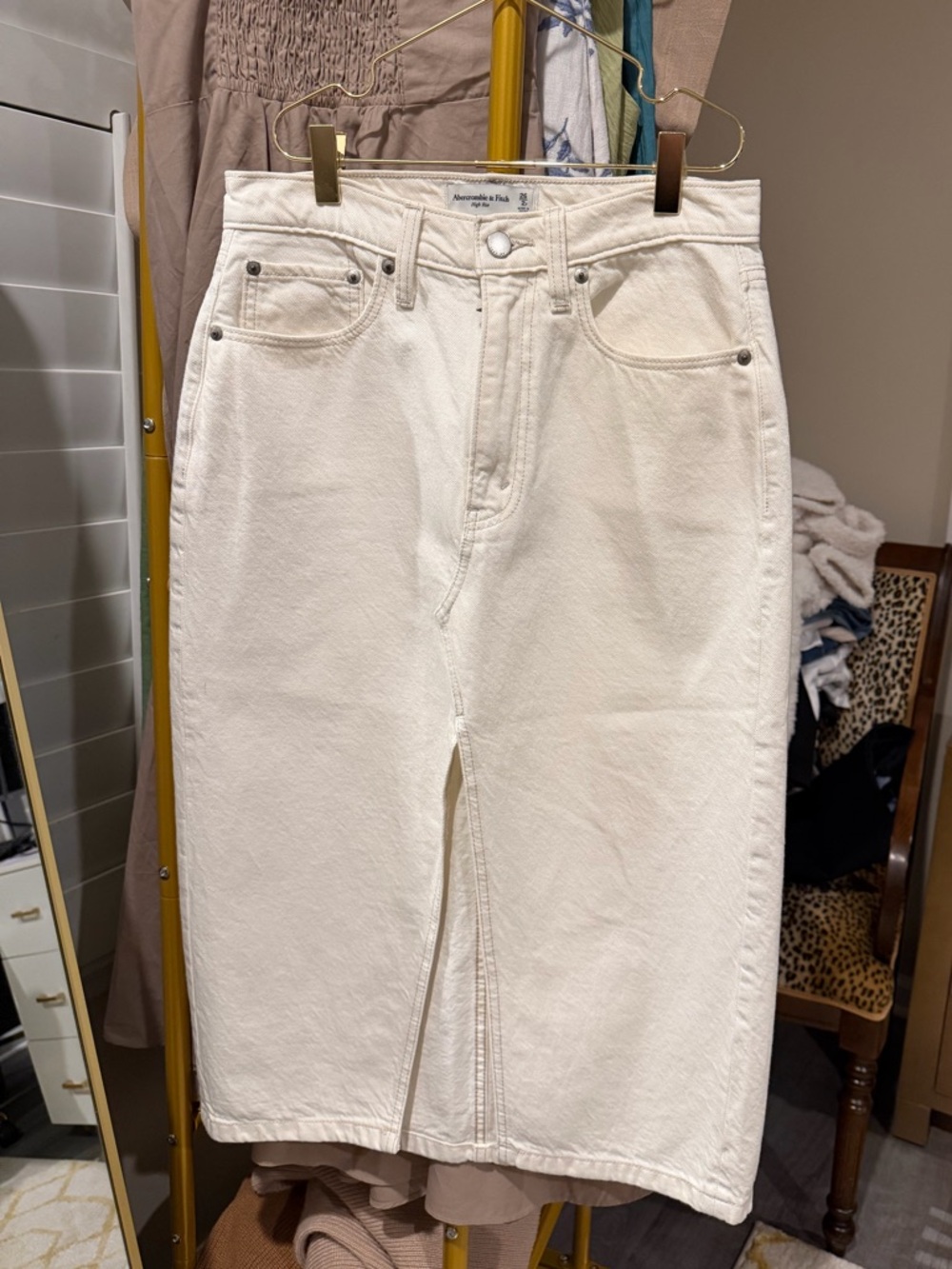 Abercrombie & Fitch Cream High Rise Midi Denim Skirt